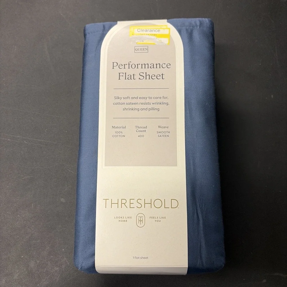 Threshold Performance Cotton Sateen QUEEN Flat Sheet Blue 400 TC Smooth 20580